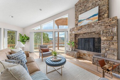 Native stacked stone fireplace
