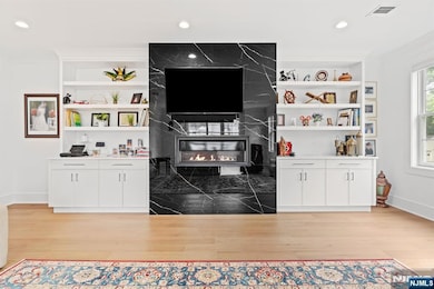 Large Living Room with Built-ins & Contemporary Fireplace