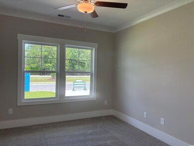 Carpeted empty room featuring healthy amount of natural light, a ceiling fan, and ornamental molding