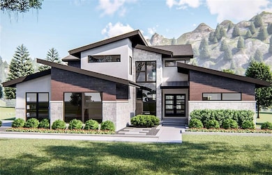 Contemporary home with a front yard and a mountain