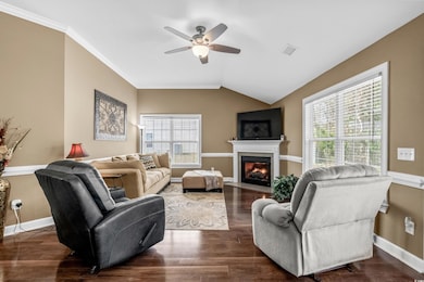 Living room featuring baseboards, lofted ceiling, 
