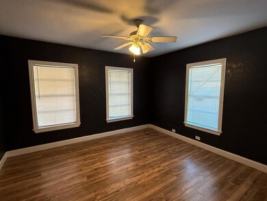 Unfurnished room featuring ceiling fan and dark wo