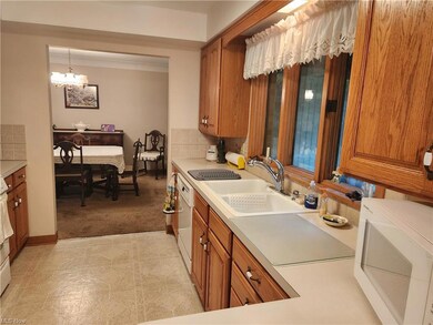 Kitchen featuring sink, an inviting chandelier, pendant lighting, tasteful backsplash, and white appliances