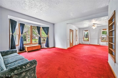 Unfurnished living room with a textured ceiling, carpet, healthy amount of natural light, and a ceiling fan
