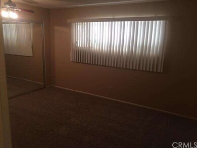 Bedroom has new carpet, ceiling fan, floor to ceil