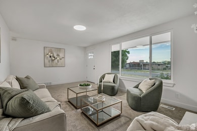 Carpeted living room featuring baseboards