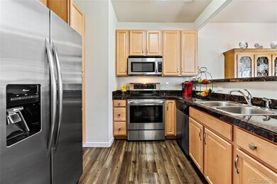 Stainless steel appliances. Granite tile counters.