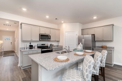 Kitchen with stainless steel appliances, gray cabinetry, a sink, dark wood-type flooring, and recessed lighting