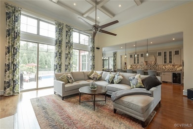 Coffered Ceiling, floor to ceiling sliders/windows