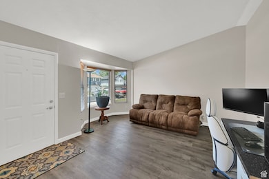Foyer entrance with vaulted ceiling and dark wood-style flooring