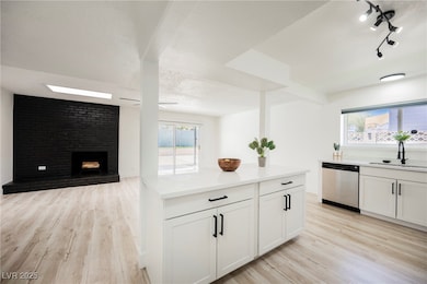 Kitchen with stainless steel dishwasher, light woo