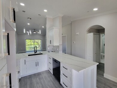 Kitchen with kitchen peninsula, dishwasher, light