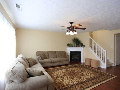 Family Room. The spacious family room features a gas fireplace, laminate floors and ceiling fan. Note the neutral wall colors - move-in ready!  The closet next to the stairway continues underneath and around below staircase offering plenty of storage