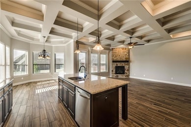 Kitchen with wood tiled floor, a sink, stainless steel dishwasher, and ceiling fan with notable chandelier
