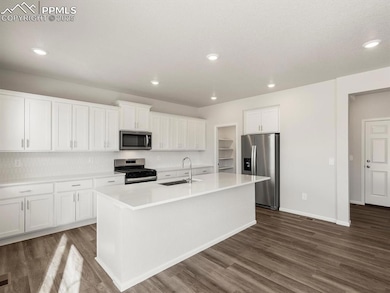 Kitchen featuring stainless steel appliances, white cabinets, dark wood-style floors, recessed lighting, and a center island with sink