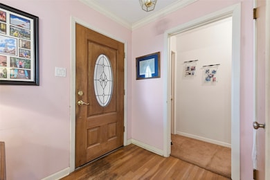 This cozy entryway features a wooden door with an oval glass insert, pink walls adorned with framed photos, and leads to a carpeted hallway.