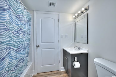 Full bathroom featuring light wood-style floors, vanity, and shower / tub combo