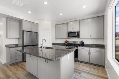 Kitchen with gray cabinets, appliances with stainless steel finishes, dark stone counters, a center island with sink, and recessed lighting