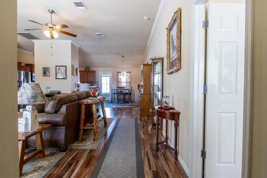 Living room featuring ceiling fan, light wood-styl