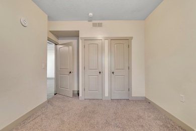 Unfurnished bedroom featuring light carpet, a closet, and a textured ceiling