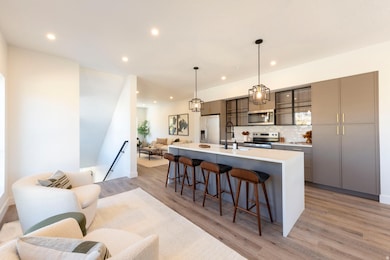 Kitchen featuring gray cabinets, a spacious island, recessed lighting, appliances with stainless steel finishes, and open floor plan