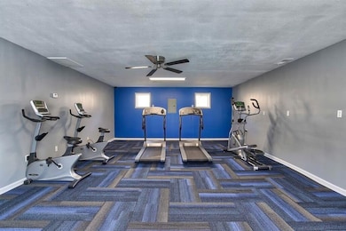 Workout area with dark colored carpet, a textured ceiling, and ceiling fan