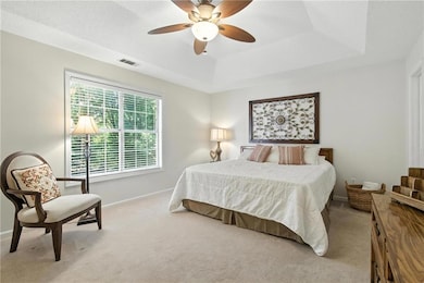 Carpeted bedroom with a tray ceiling and a ceiling fan