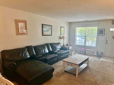 Carpeted living area featuring a textured ceiling