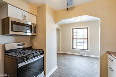 Kitchen with light wood-type flooring, appliances with stainless steel finishes, white cabinetry, and ceiling fan