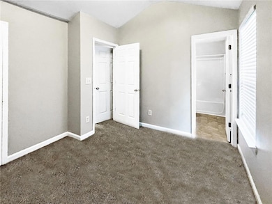 Unfurnished bedroom featuring a spacious closet, carpet floors, a closet, baseboards, and lofted ceiling