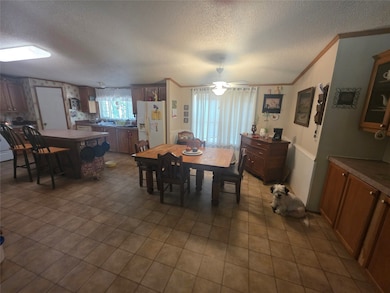 Dining area with crown molding and a textured ceiling