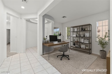 Virtually Staged: Office with light colored carpet, light tile patterned floors, and recessed lighting