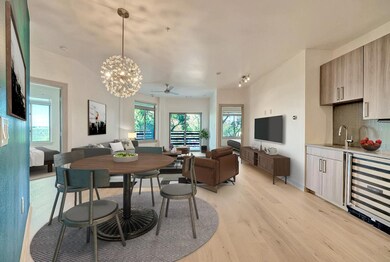 Dining space with beverage cooler, light wood-typ