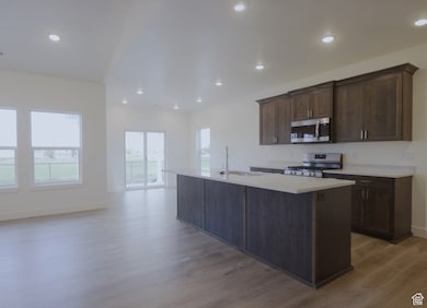 Kitchen with an island with sink, recessed lighting, plenty of natural light, stainless steel appliances, and dark brown cabinetry