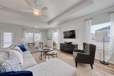 Living room with visible vents, a tray ceiling, li
