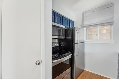 Kitchen with stainless steel appliances, light wo