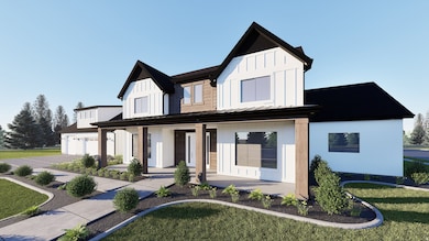 Modern inspired farmhouse featuring covered porch, a front yard, a standing seam roof, board and batten siding, and a metal roof