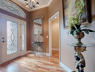 The impressive leaded-glass entry door was custom 