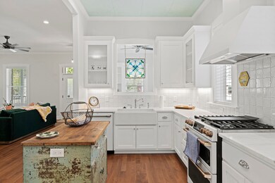 Kitchen with retro butcher block island.