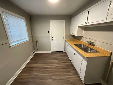 Kitchen featuring dark wood-style flooring, white 