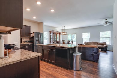 Kitchen with black dishwasher, dark brown cabinetry, dark wood finished floors, ceiling fan, and hanging light fixtures