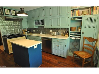 A tin backsplash, plate holder and bookshelves add