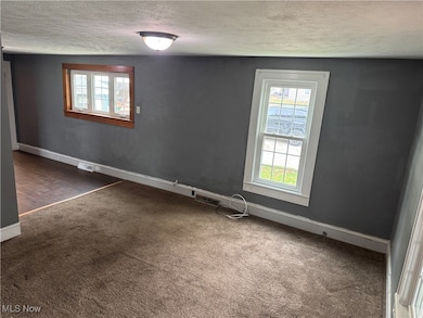 Unfurnished room with plenty of natural light, a textured ceiling, and dark carpet