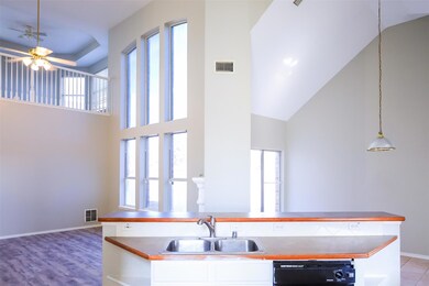 Kitchen with ceiling fan, sink, hardwood / wood-style floors, dishwasher, and a high ceiling