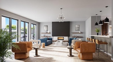 Living room with a large fireplace, wood-type floo