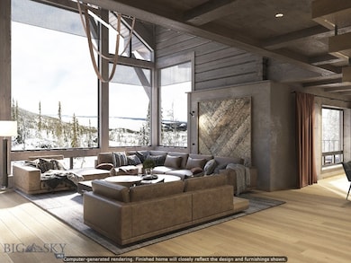 Spacious living room with cathedral ceiling, and custom-made furniture and decor