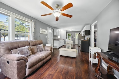 Living room with dark hardwood / wood-style floori