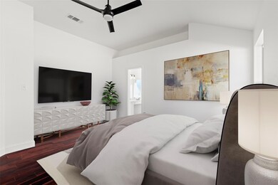 Virtually staged Bedroom featuring wood-type floor
