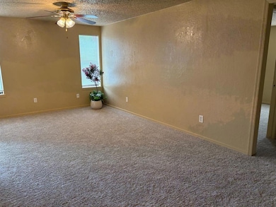 Spare room featuring ceiling fan, a textured ceiling, carpet, and baseboards