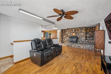 Living room with a textured ceiling, wood finished